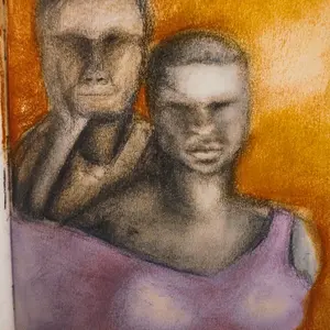 Original Drawing Art by Jose Galan - Unique Artwork Featuring Two Figures in Purple and Orange
