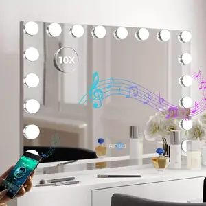 Fenair Large Hollywood Vanity Mirror with Lights & Bluetooth Speakers, 18 Dimmable LED Bulbs, 3 Light Colors, USB Charge Port, 31.5 x 23.6 Inch, Sturdy Base, Smart Touch Screen, Tabletop or Wall-Mounted