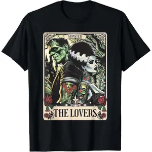 100% cotton The Monster Frankenstein And Bride The Lovers Tarot Card T-Shirt