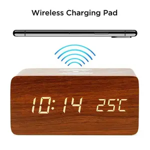 Modern LED Digital Clock - MDF Wooden Body, LED Display, USB/AAA Power, Temperature-Humidity Monitor, Wireless Charging, Light, Home Decor Desk Clock