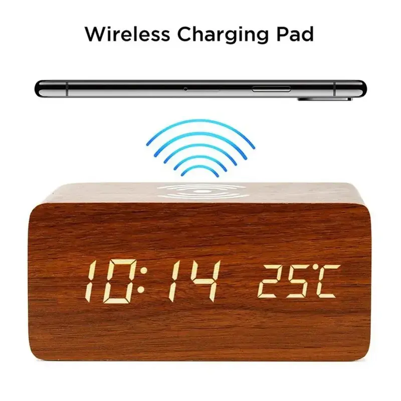 Modern LED Digital Alarm Clock - MDF Wood Body, LED Display, USB/AAA Power, Temperature-Humidity Monitor, Wireless Charging, Dimmable Light, Home Decor Digital Clock, Alarm Clocks