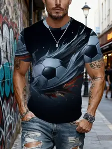 Men's Fashion 3D Football Pattern T-Shirt, Jersey Shirt, Casual Sport Shirt, Trendy Short Sleeve, Sportswear for Sports Enthusiasts, Vintage Style, Round Neck, Comfortable Fit, Casual Sports Top