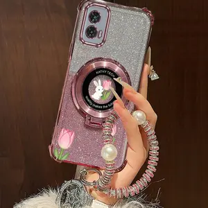 Edge 50 Fusion Popular Series Pearl Strap Lanyard Phone Holder Protective Case For Compatible With Motorola Moto Edge 50 Fusion Transparent Glitter Shiny Cover Casing and Durable Cute Little White Rabbit Tulip Protector Cases