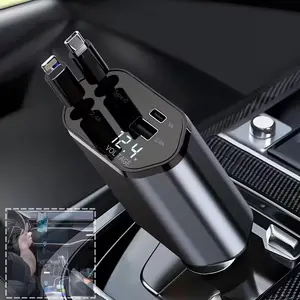 120W Fast Retractable Car Charger with 2 USB Type-CCables - Plug, Battery-Free, Car Charging Solution I CompactCharger I Retractable Cable, Fast Charging for Vehicles