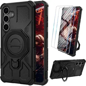 for Samsung Galaxy S25 Case with Tempered Glass Screen Protector, Heavy Duty Military Grade Shockproof Protective Cover 360° Ring Magnetic Kickstand Armor Cell Phone Case for Samsung S25 (Black)
