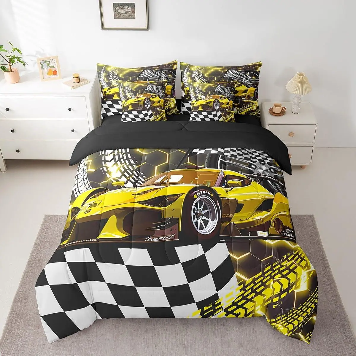 Honeycomb Race Car Comforter Set 7 Piece Bed in a Bag,Yellow Neon Geometric Hexagon Bedding Sets Sports Car Sheet Set with Comforter