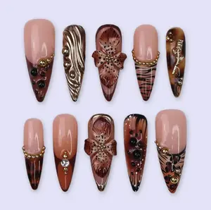 Autumn Press On Nails with 3D Floral & Animal Print | Fake Nails in Long Almond | Handmade Nail Art for Fall Looks, Parties Or Gifts