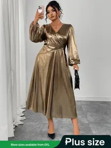Plus Size Elegant V Neck Long Sleeve Fitted Dress, Fashionable Women's Clothing for Vacation, Party, Office, All Seasons Wear Womenswear