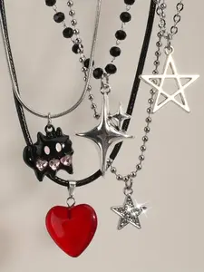 Vintage Gothic Y2K Cat Heart Dark Star Pendant Necklace Set, Punk Style Jewelry for Women, Christmas Party Valentine Gift, Heart Design Necklace