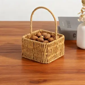 1pc Simple Fashion Woven Square Handheld Basket, Desktop Storage Basket, Outdoor Flower Arrangement Basket, Picnic Basket