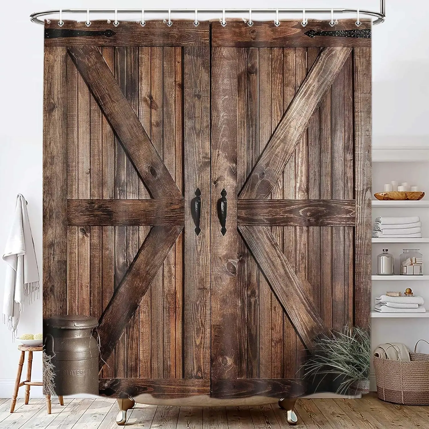 [Back to School] Rustic Barn Door Shower Curtain Set for Bathroom, Farmhouse Western Bathroom Decor Curtains, Vintage Countryside Brown Wood Board Waterproof Fabric Bath Curtains with Hooks 72 x72 inch
