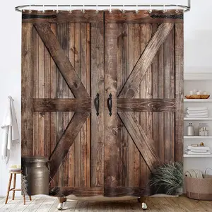 Rustic Barn Door Shower Curtain Set for Bathroom, Farmhouse Western Bathroom Decor Curtains, Vintage Countryside Brown Wood Board Waterproof Fabric Bath Curtains with Hooks 72 x72 inch