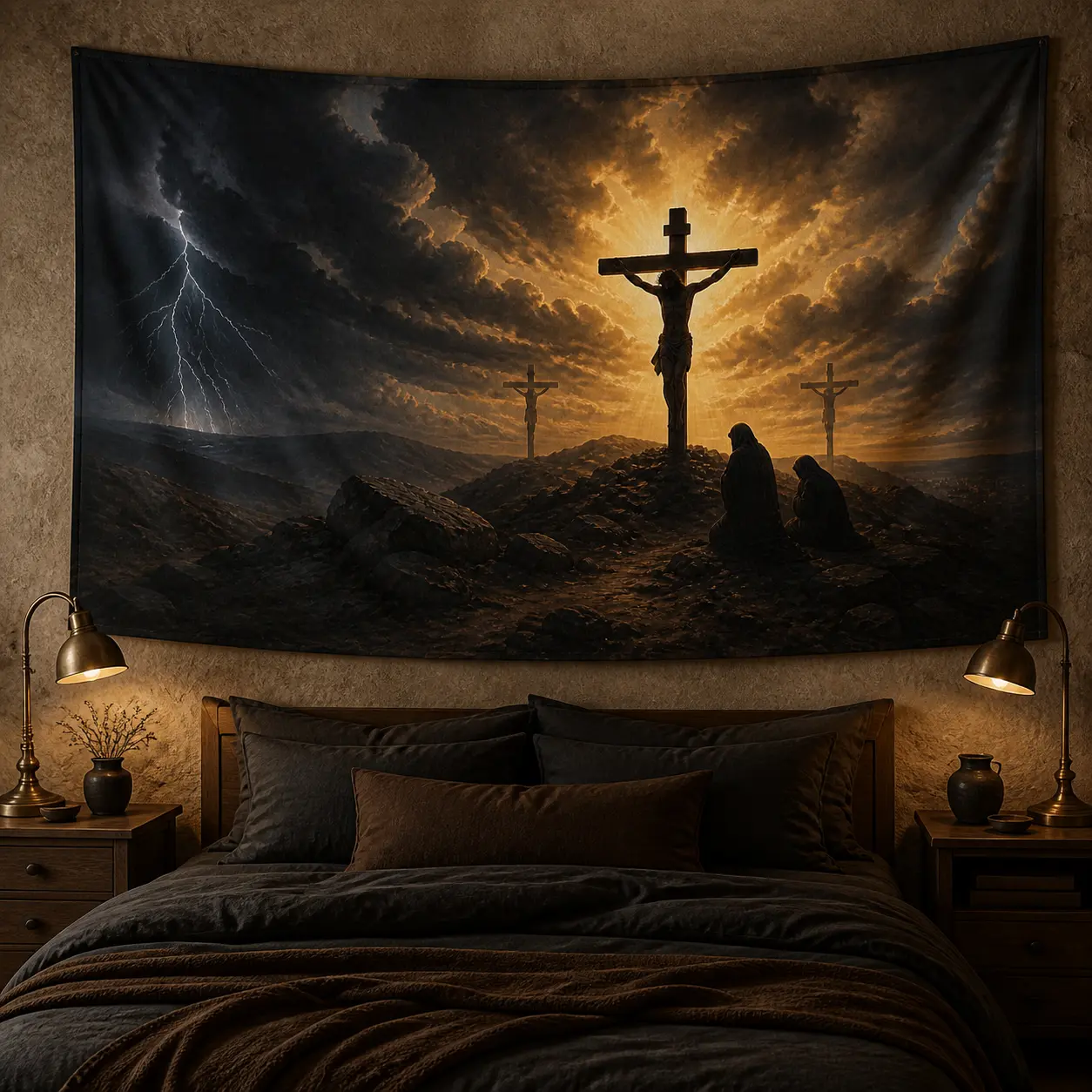 Jesus Crucifixion Wall Tapestry, Dramatic Cross and Stormy Sky Christian Art, Lightweight Linen Fabric Wall Hanging for Bedroom or Prayer Room