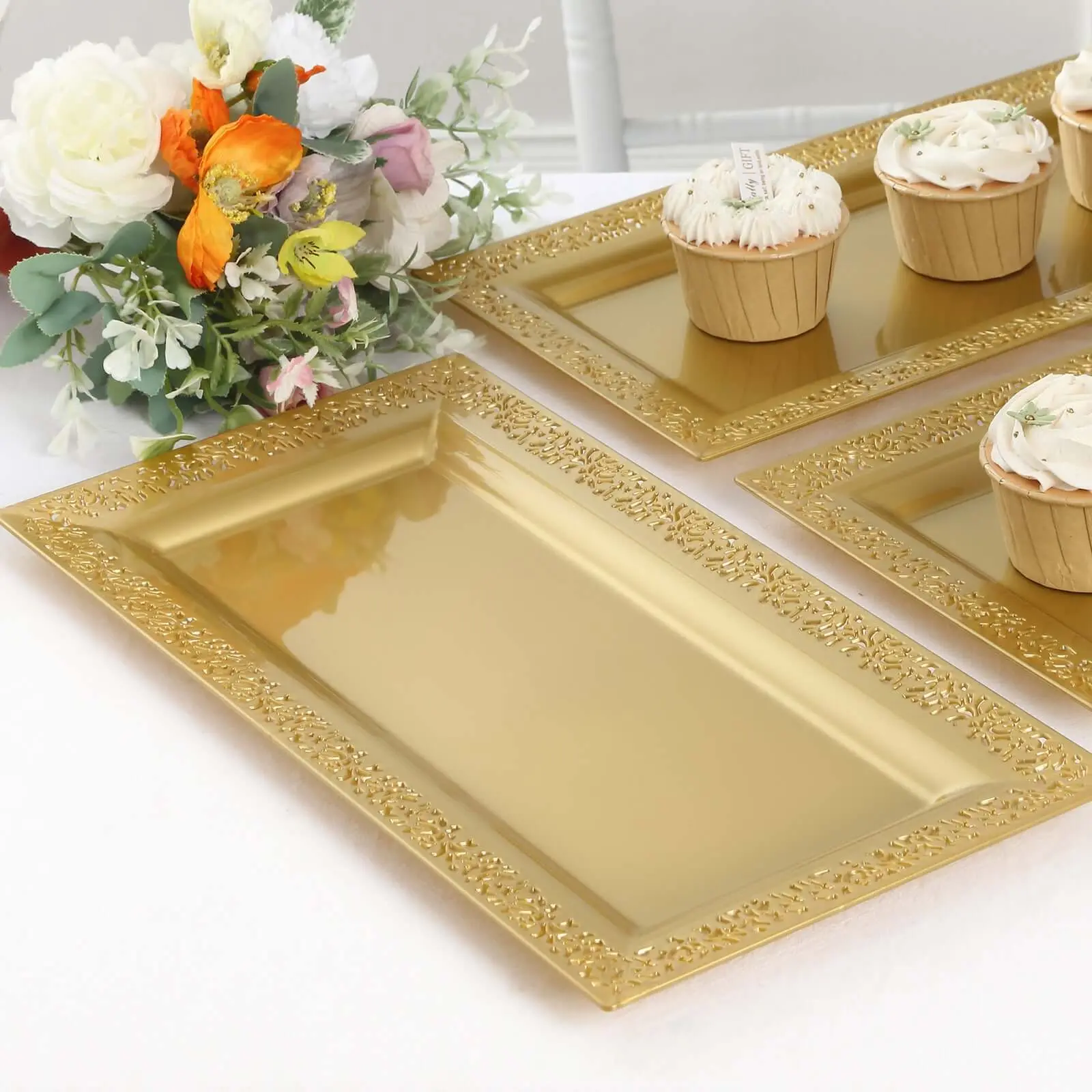 4-Pack Plastic Rectangle Serving Trays 14" Gold with Lace Rim - Durable & Stylish Coffee Table Tray Platters for Desserts Appetizers Snacks, Gold Plastic Dinnerware, Platters For Serving Food Party