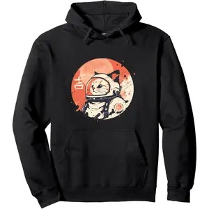 Women's A cat astronaut with good luck kanji symbol, blending Japanese culture and space exploration Graphic Hoodie - Long Sleeve Pullover Regular Fit | Soft & Breathable Fabric, Durable Print, Everyday Comfort, Machine Washable, Japanese minimalist with
