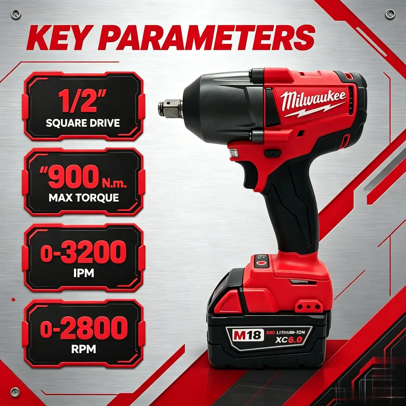 Milwaukee M18 FMTIWF12 18V Brushless Impact Wrench, 1/2" Square Anvil, Up To 900N.m Torque, Cordless Power Wrench For Vehicle Tire Service, Workshop And Construction Work lithium battery 18