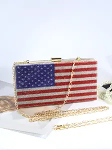 Women's Fashion Chain Strap Evening Bag, American Flag Pattern Rhinestone Decorated Crossbody Bag, Casual Versatile Shoulder Bag for Party, Trendy All-match Bag for Daily Use, Trendy Clutch Bag