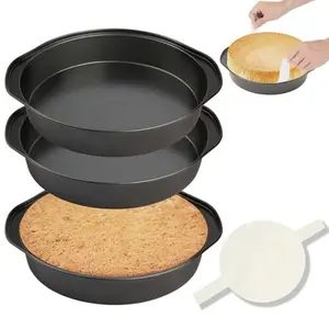8 Inch Round Cake Pan Set 3PCS, Nonstick Carbon Steel Cake Baking Pans with Handles, 100 Pcs Parchment Paper, Oven Safe Dishwasher Safe Bakeware, Layer Cake Pan for Birthday Wedding Cheesecake Baking