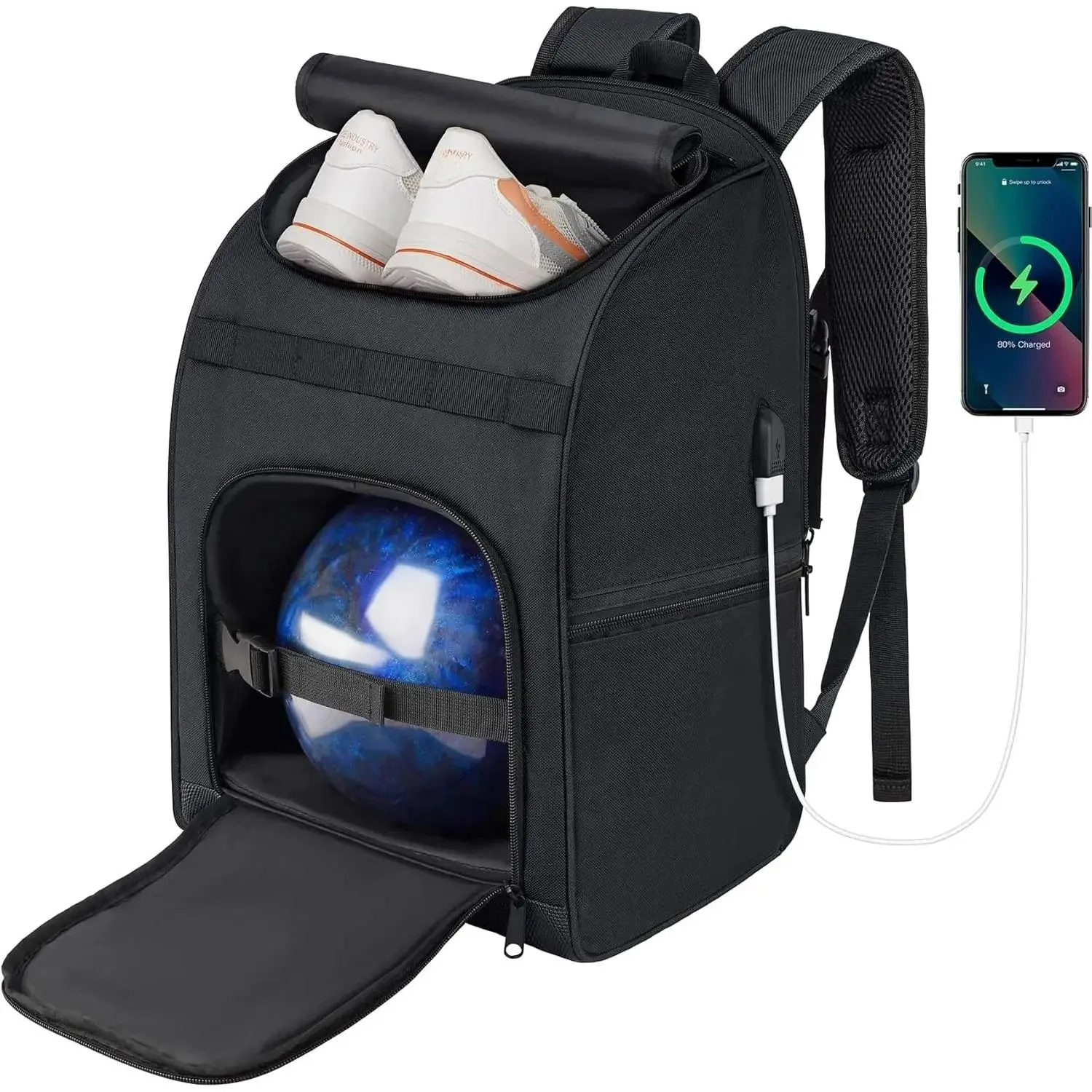 Single Ball Bowling Backpack with Foam Padded Holder and Shoe Compartment, Features USB & Headset Port, Adjustable Shoulder Straps and Breathable Mesh Back, Protects Ball, Multi-Pocketed, Usb Charger, Padded Foam