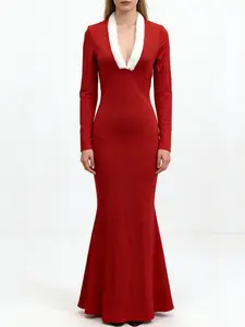 Women's Elegant Design Long Dress, Pure Color V-Neck Party Gown, High-End Slim-Fitting Holiday Dress, All Seasons Fashion