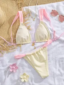 Two-Piece Set Women's Colorblock Bikini Set, Fashion Chic Swim Bra & Swim Bottom, Ladies Summer Swimsuit for Beach Holiday Vacation