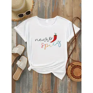 Womens Cotton Short Sleeve Graphic Tee Neuro Spicy Letter Print Cute Chili Pepper Shirt Soft Casual Summer Top For Everyday Wear Vacation Beach Outfit