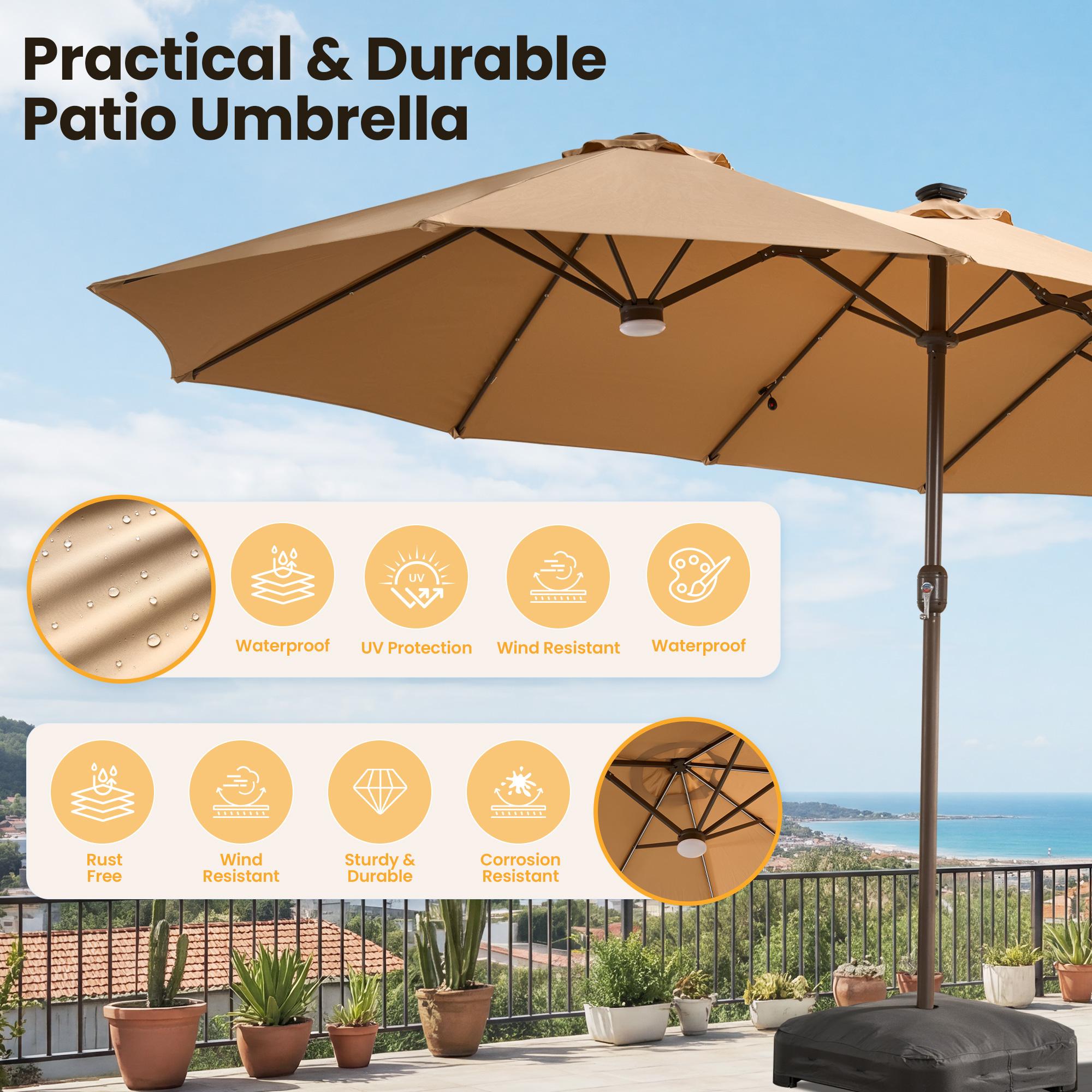 CAODOC 15ft Extra Large Double Sided Rectangular Patio Umbrella with Base Included, Solar Powered 36 LED Lighted Shade Canopy, Outdoor Market Parasol for Backyard Deck Garden Poolside