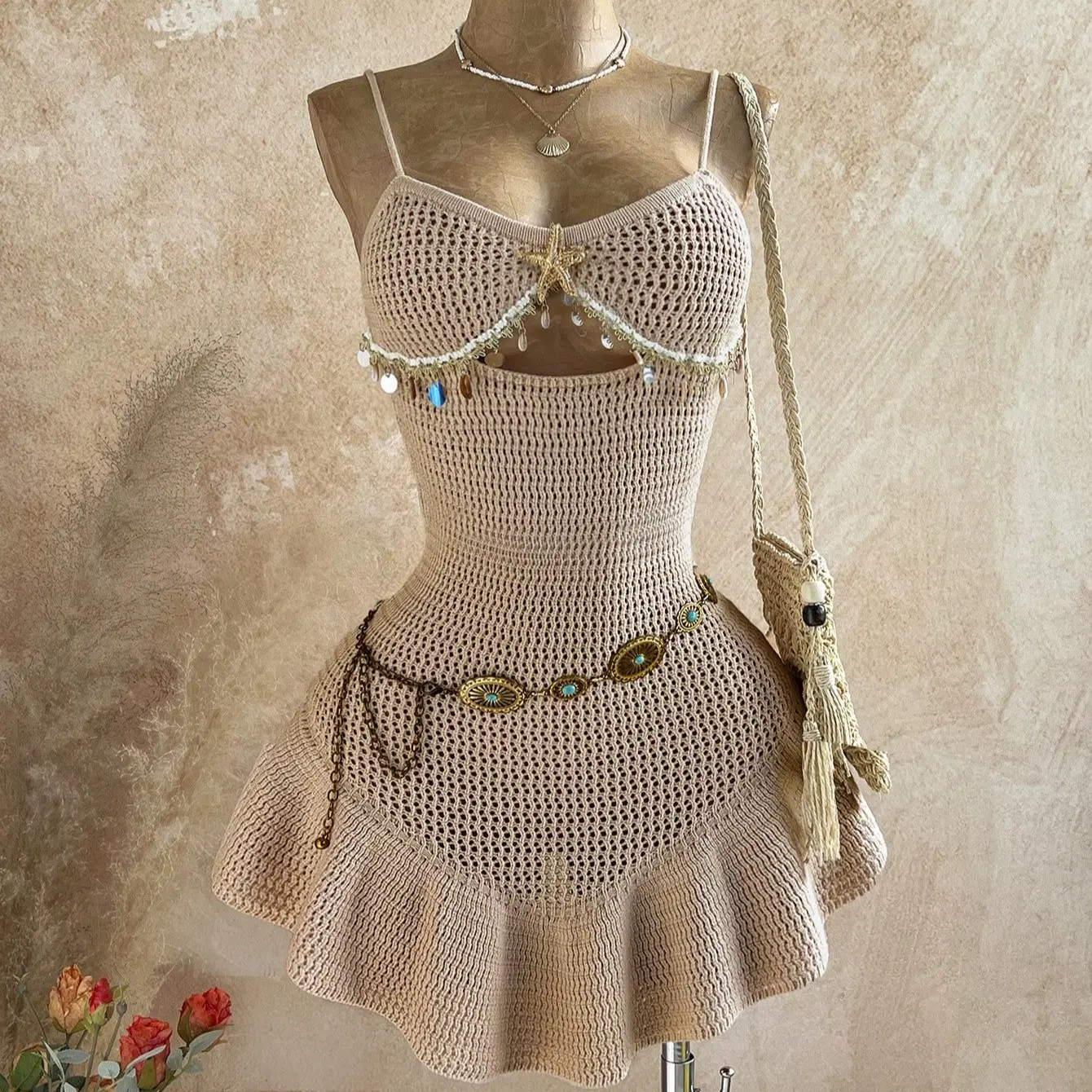 knitted festival dress Knit co-ord set Mad Fiction Label 100% Cotton Size Womens One Shoulder Knit Festival