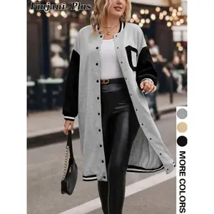NewPlus Colorblock Letter Print Button Front Drop Shoulder Midi Varsity Jacket, Casual Contrast Binding Long Sleeve Baseball Collar Coat for Daily Can be used with raincoat
