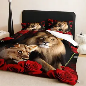 Lion & Lioness with Roses Bedding Set, 1 Comforter + 2 Pillowcases, Romantic Wildlife Decor, Home Bedroom Decoration