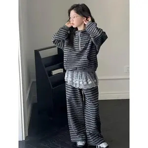 2025 Spring & Autumn New Girls' Striped 2pcs Set (Girls Clothes 10 to 12) - Hooded Half-Zip Sweatshirt with Lace Panels & Casual Wide-Leg Pants, for Outdoor