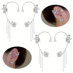 4 PCS Fairy Ear Bone Clip, Charming Butterfly Tassel Zircon Earrings and Ear Cuffs, Shimmering No Piercing Flower Climber Wrap Around Earring, Jewelry Gifts for Girls Woman