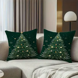 Green Christmas Tree Pillow Covers, 2pcs Set, with Golden Decorations and Stars - Lightweight, Soft, Breathable, Durable Polyester, Zipper Closure, Machine Washable, Suitable for Home Decor, Office, Car, Living Room, Bedroom, Travel, Camping