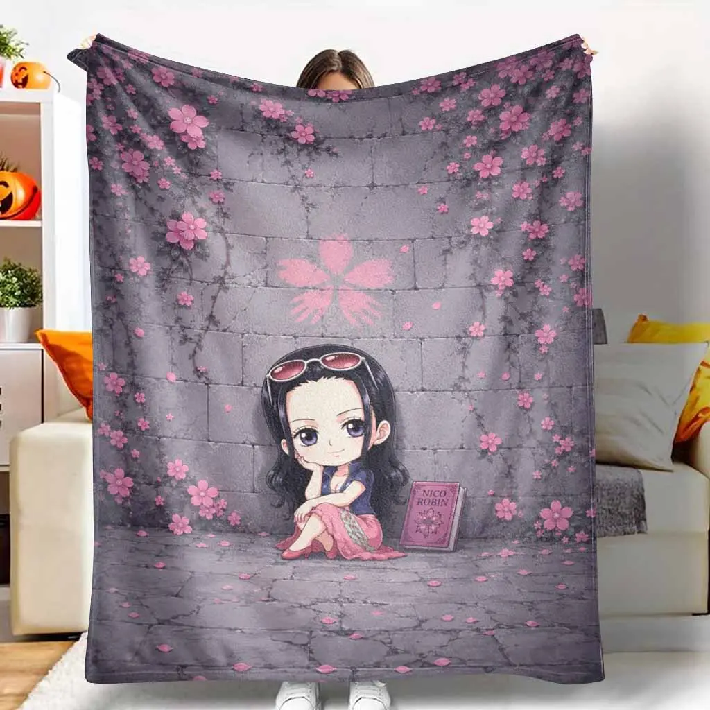 Chibi Anime Girl Flannel Blanket Floral Cherry Blossom Print Ultra Soft Lightweight Breathable Throw Fleece Cozy Bedspread For Living Room Bedroom Office Travel Camping Sofa Couch Gift Idea