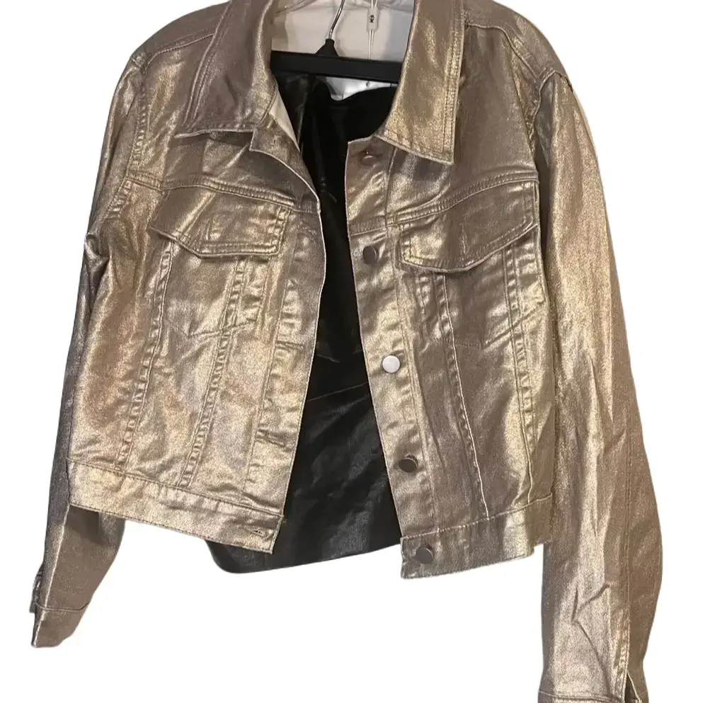Women's ITOO Elegant Shiny Golden Metallic Button-Up Jacket - Collared Neck, Long Sleeves, Fitted-Loose Fit, Minimalist Retro Street Style Lady Tops for Women, Casual Evening Outerwear