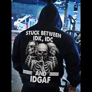 [Plus Size] Skull & Letter Print Drop Shoulder Hoodie, Fashion Casual Regular Fit Drawstring Pocket Hooded Sweatshirt for Daily Holiday Outdoor Wear, Men Clothing for Fall & Winter