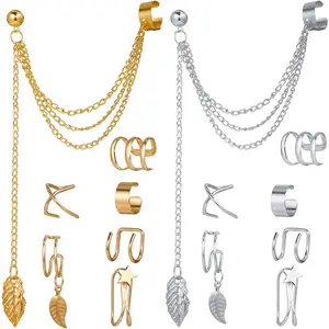 14 count Stainless Steel Ear Clip  Cartilage Earring Set Helix Wrap Ear Clip Tassel Threader Earrings for Non  &  Ear  Gifts for Women