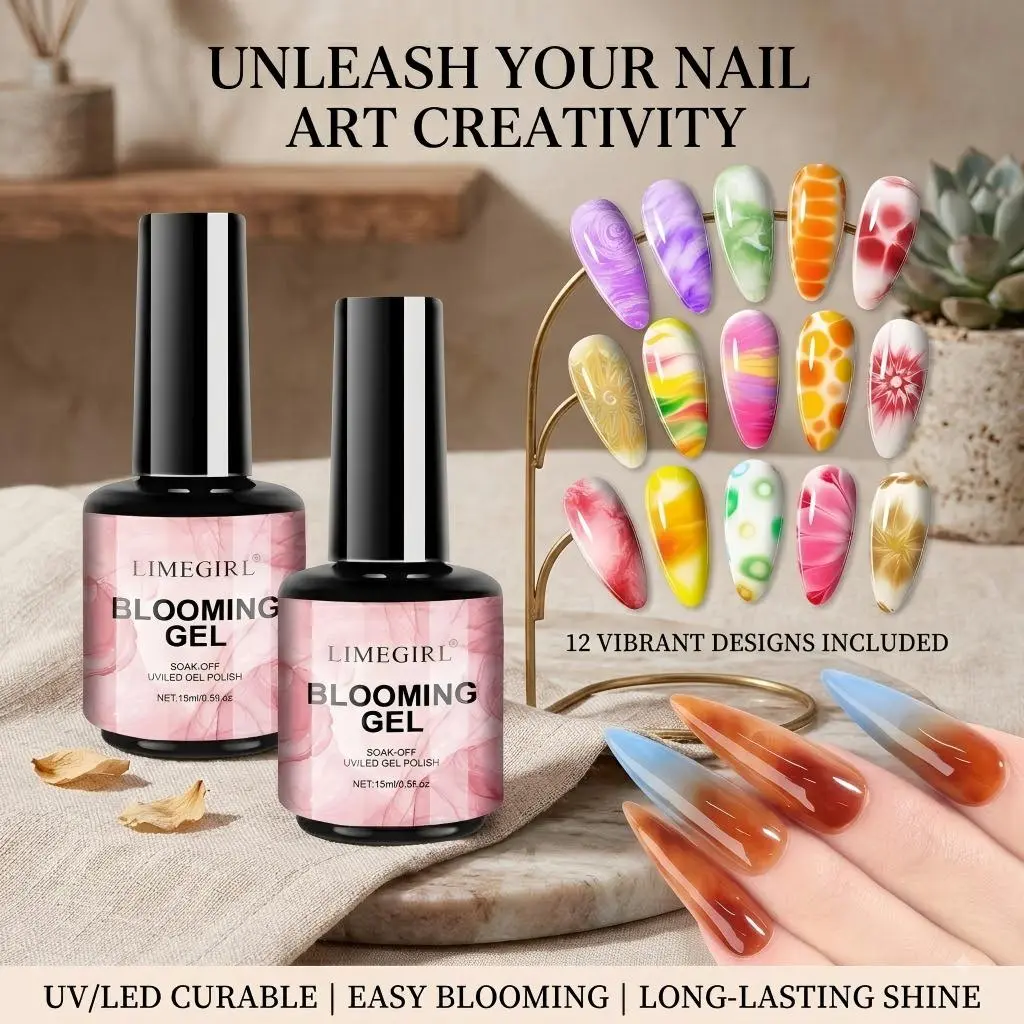 LIMEGIRL 2Pcs 15ml Clear Blooming Gel Nail Polish - UV/LED Soak-Off Magic Smudge Gel for Watercolor Marble Blush Gradient Nail Art, DIY Manicure Beginners & Salons