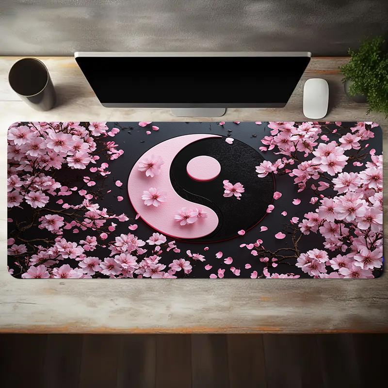 High Quality 1Pc Large Yin-Yang Cherry Blossom Gaming Mouse Pad With Non-Slip Rubber Base, Pink & Black Japanese Design - Oversized Desk Mat For PC, Computer, Office & Gaming Setup, Washable Surface, Ideal Gift For Gamers & Professionals
