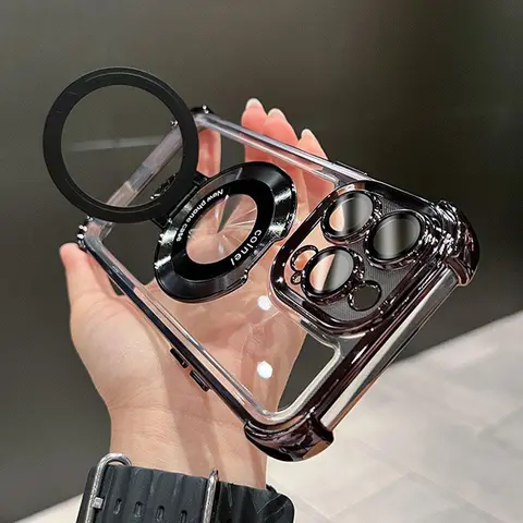 Magnetic Ring Stand Phone Case with Camera Lens Protector for iPhone 17 Pro Max,16,15,14,13,12 - MagSafe-Compatible, Luxury Military-Grade Shockproof Plating Cover, TPU Bumper, Magsafe Boost, Wireless & Landscape Accessories