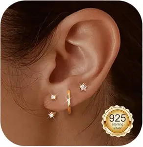 Trendy 14K Gold Plated Earrings for Women Earrings for Multiple Piercings Cartilage Stud Small Hoop Dainty Earrings Set Jewelry