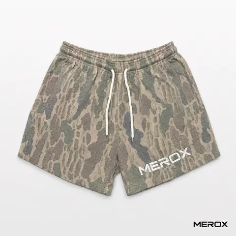 MEROX Unisex 5-in Inseam Cotton Old School Camo Print Warm Fleece Mix Shorts - Outdoor Workout Gym Shorts with Zipper Pockets