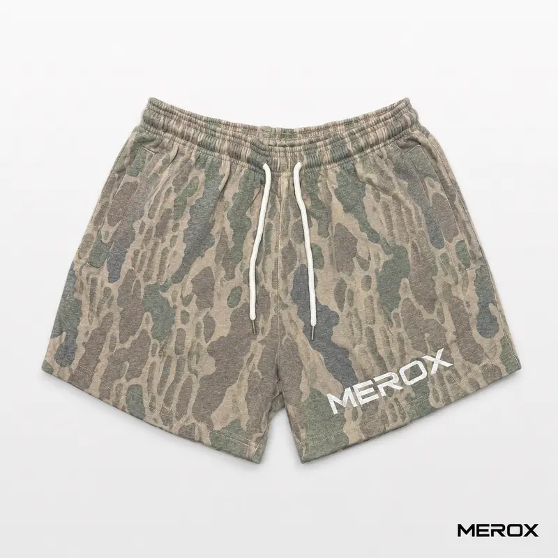 MEROX Unisex 5-in Inseam Cotton Old School Camo Print Warm Fleece Mix Shorts - Outdoor Workout Gym Shorts with Zipper Pockets