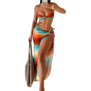 Y2K 3 Piece Sunset Ombre Flattering Bikini Set Women Braided Tie Strap High Waisted Swimsuit with Ring Detail Split Cover Up Skirt Snatched Waist Tummy Control Beach Vacation Outfit Bikini Set with Cover Up for Midsize Curvy Women cheeky rash guard thong
