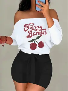 Women's Cherry Bomb Print Off Shoulder Crop Top & Skinny Shorts Two-Piece Set, Casual Fashion Cozy Top & Shorts for Daily Outdoor Wear, Ladies Fitted Clothes for All Seasons, Suits, Womenswear