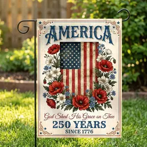 America 250 Years Garden Flag, Patriotic Floral American Flag Banner, God Shed His Grace, USA 1776-2026 Yard Flag, Fourth of July Decoration