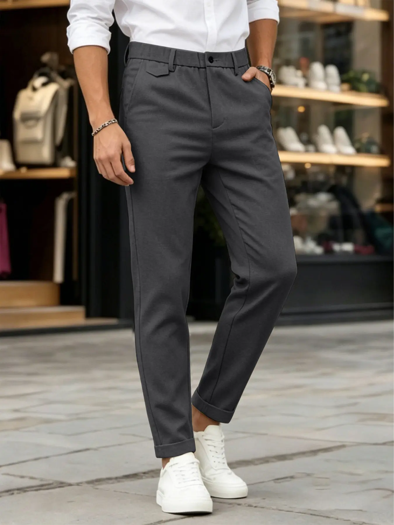 Men's Blazer Suit Pants, Light Business Casual Style, Slim-Fitting, Natural Waist, Button Loop Details, All Seasons Long Pants