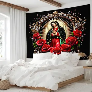 Religious Themed Wall hanging, Featuring A Red Rose Printed Tapestry Of Our Lady Of Guadalupe, Suitable for In Catholic Communities, Living Rooms, Bedrooms, Guest Rooms, And Religious Activity Spaces Wall Decor