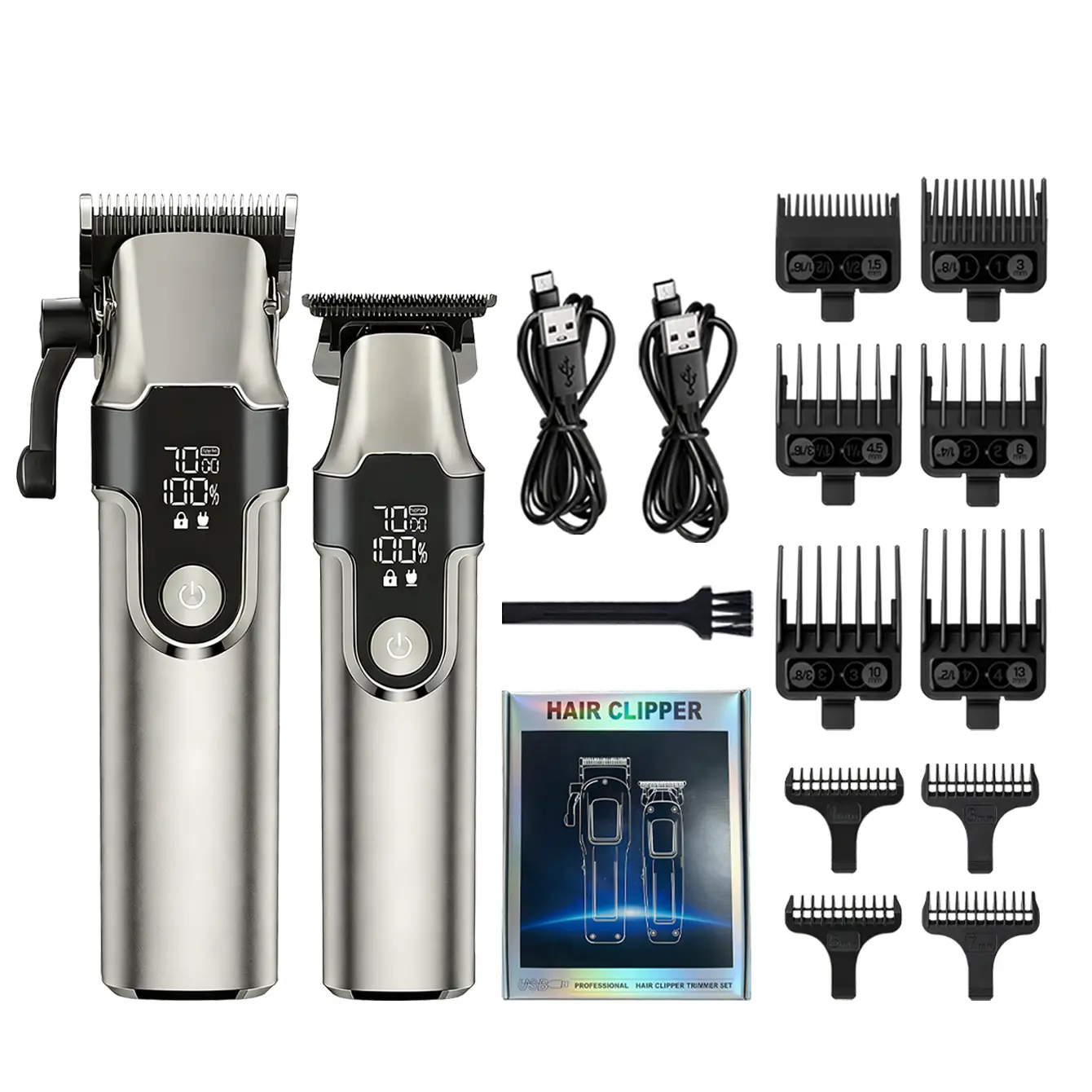 Professional Cordless Hair Clipper Trimmer Kit for Home Barber Use – Dual Machines LED Power Display Full Comb Set USB Fast Charging