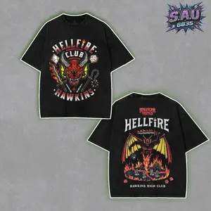 Stranger Things Hellfire Club Shirt - Urban Streetwear Washed Boxy-fit Tee, Hawkins High School Eddie Munson Aesthetic Graphic Tops, Soft Cotton Casual Seamless Apparel, Gift for TV Show Fans Menswear 0MP